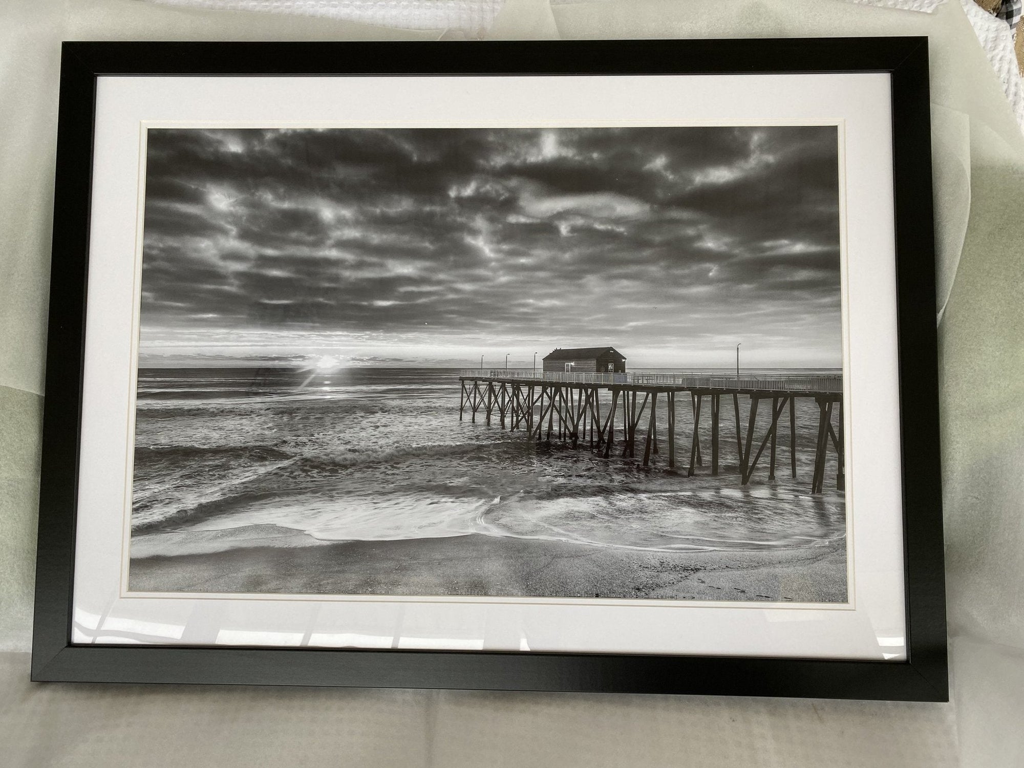 Belmar Fishing Pier sunrise Black & White 37 x 24 Black Frame Bill McKim Photography 