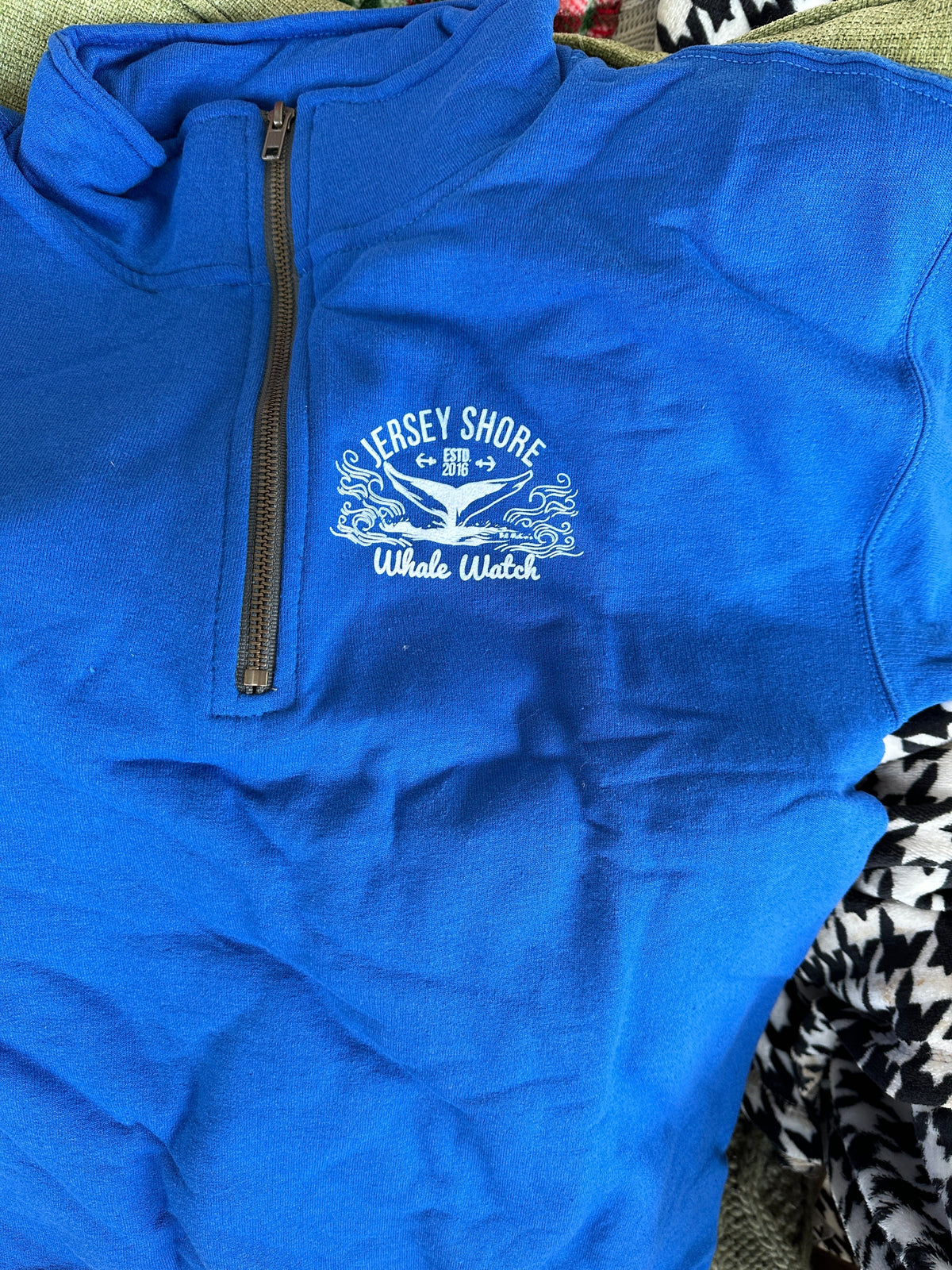 Flash Sale Classic Jersey Shore Whale Watch Sweatshirt printed both sides Bill McKim Photography Small 1/4 zipper Royal Blue 