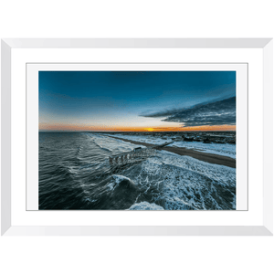 Framed Prints Belmar Fishing Pier 2022 Winter Sunset White Frame Bill McKim Photography -Jersey Shore whale watch tours Lustre Contemporary White 20 x30 Print