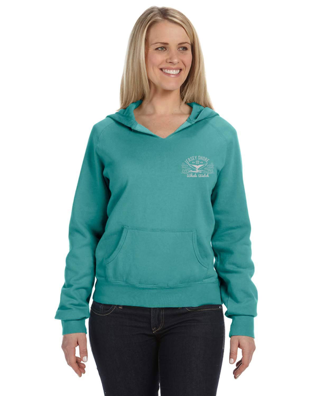 Ladies sizes only Jersey Shore Whale Watch V neck Hooded Sweatshirt new for 2022 Bill McKim Photography Small Seafoam 